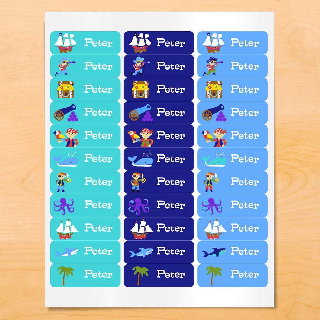 Personalized kids Pirate themed labels with pirate ship, treasure chest and nautical images on blue and green backgrounds