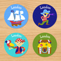 Pirates personalized kids boys name round waterproof labels with little pirate, treasure chest, pirateship and parrot on blue and green ocean beach background