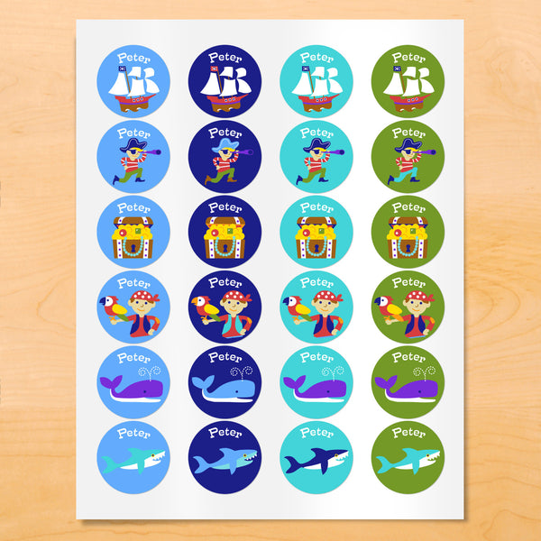 Personalized kids Pirate themed round labels with pirate ship, treasure chest and nautical images on blue and green backgrounds