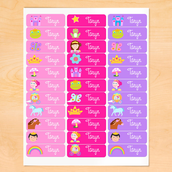 Personalized kids Princess themed labels with princess, horses, rainbows, crowns, on pink and purple backgrounds
