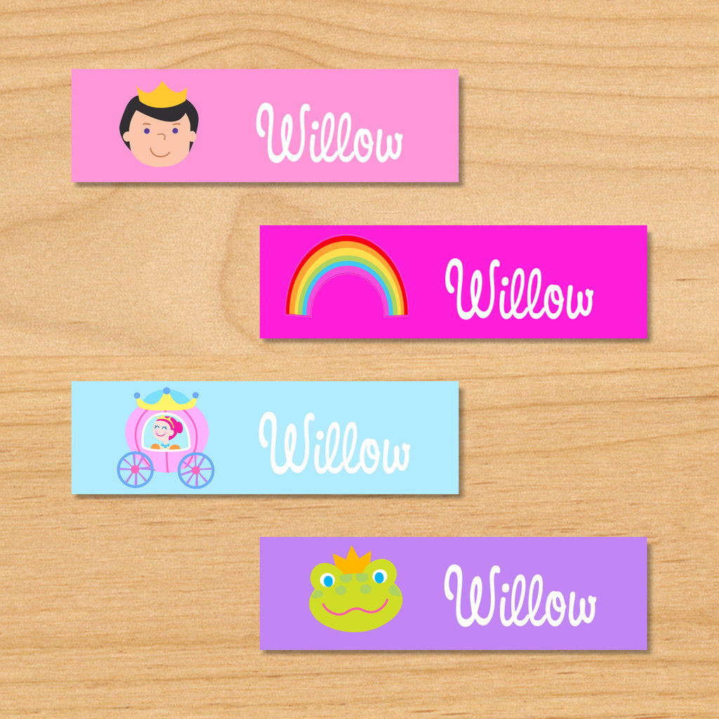 Princess light skin kids mini personalized name waterproof labels with prince, rainbow, princess in pink coach, and frog on pink, blue and purple backgrounds