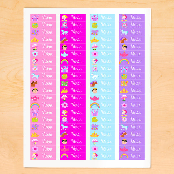 Personalized kids Princess themed mini labels with princess, horses, rainbows, crowns, on pink and purple backgrounds