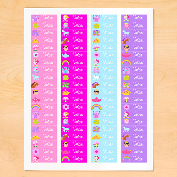 Personalized kids Princess themed mini labels with princess, horses, rainbows, crowns, on pink and purple backgrounds