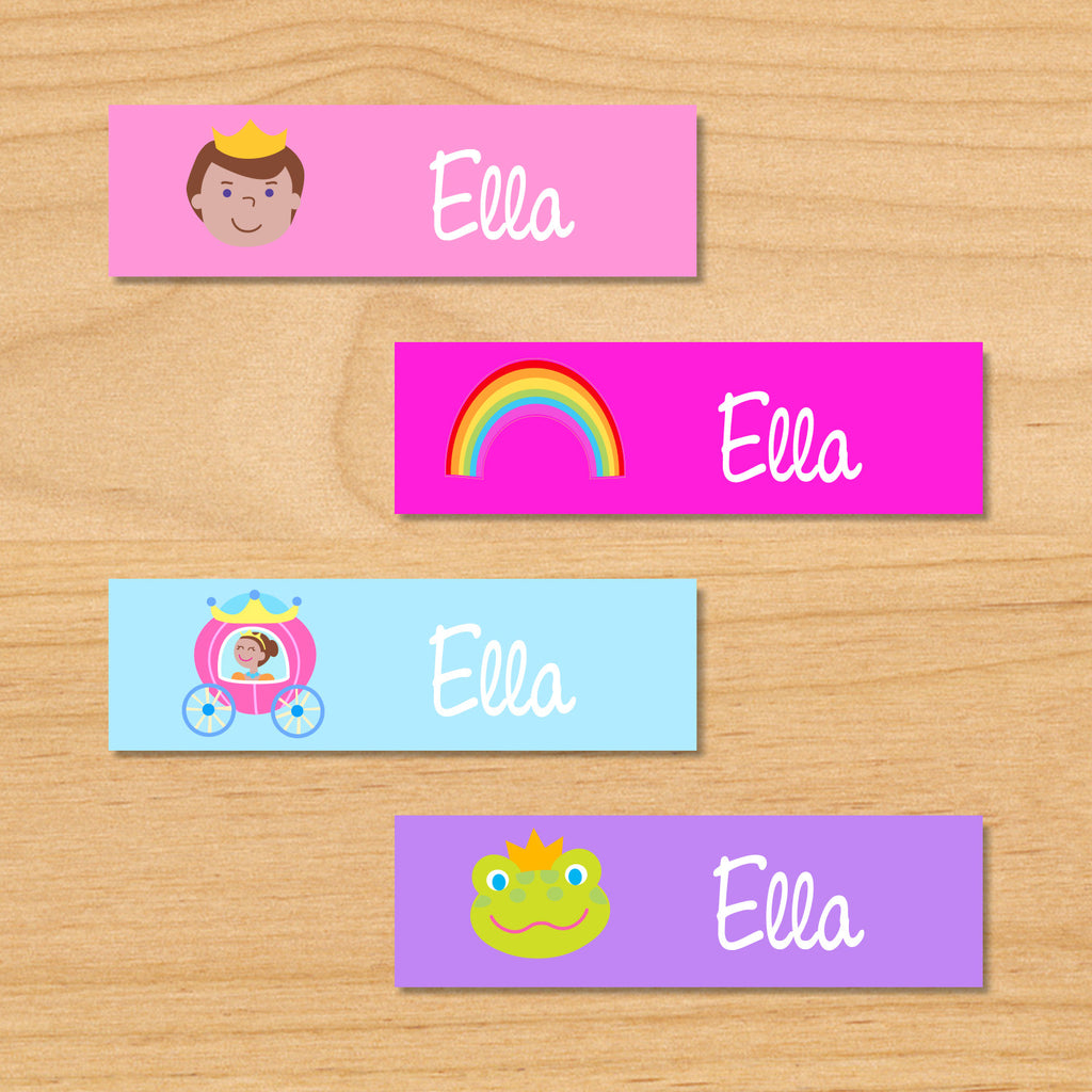 Princess dark skin kids mini personalized name waterproof labels with prince, rainbow, princess in pink coach, and frog on pink, blue and purple backgrounds