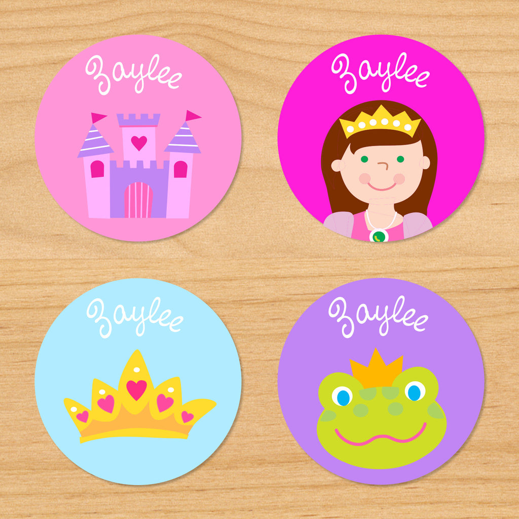 Princess light skin kids girls round personalized name waterproof labels with princess, castle, frog and crown on pink, blue and purple backgrounds