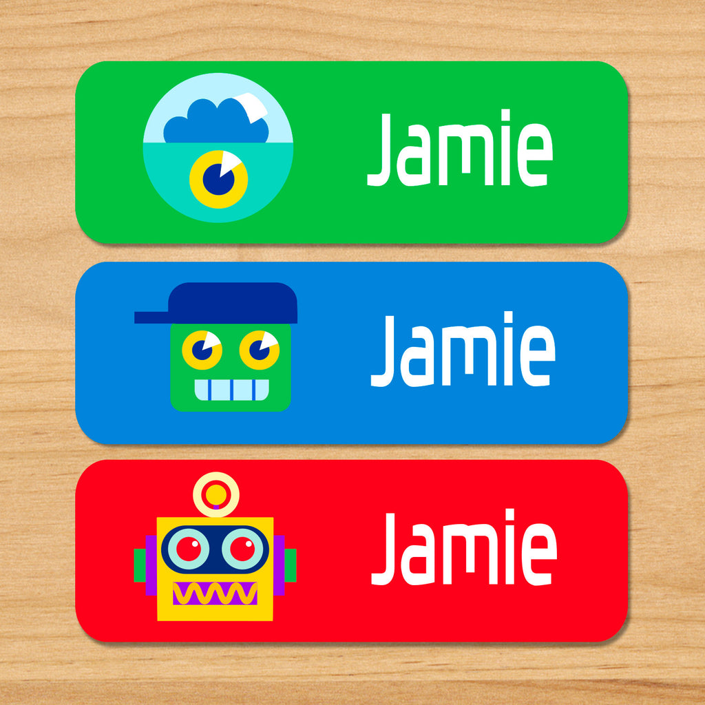 Robots personalized kids waterproof labels with colorful robots on green, blue and red backgrounds