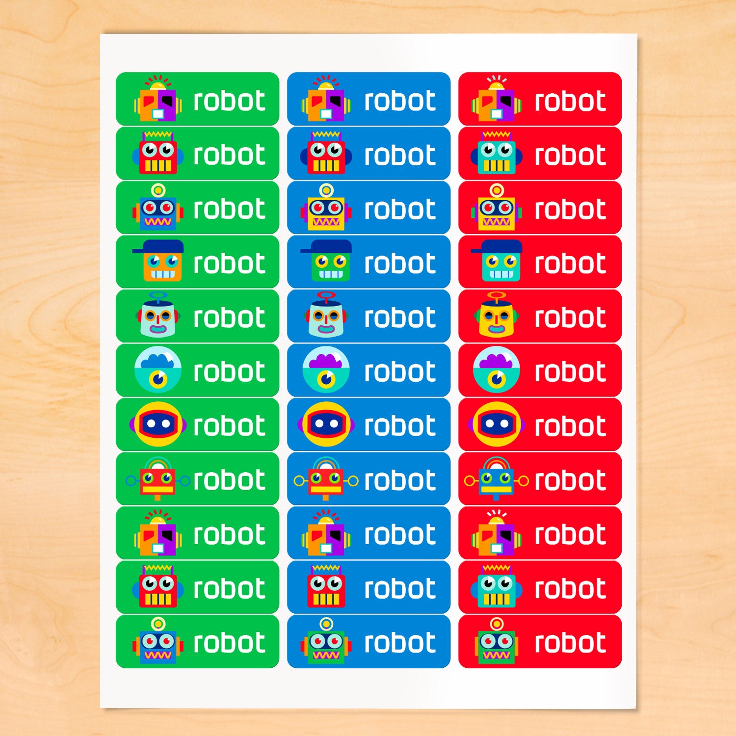 Personalized kids labels with colorful robots on green, blue and red backgroundsbackgrounds
