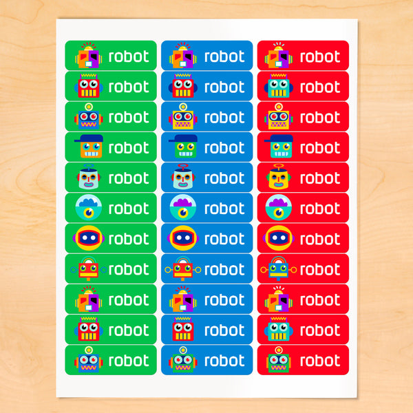 Personalized kids labels with colorful robots on green, blue and red backgroundsbackgrounds