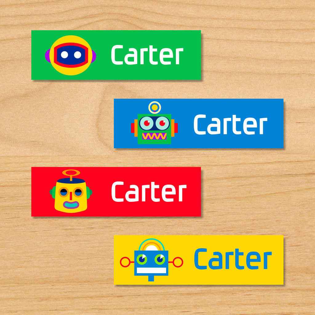 Robots personalized kids mini waterproof labels with colorful robots on green, blue, yellow and red backgrounds