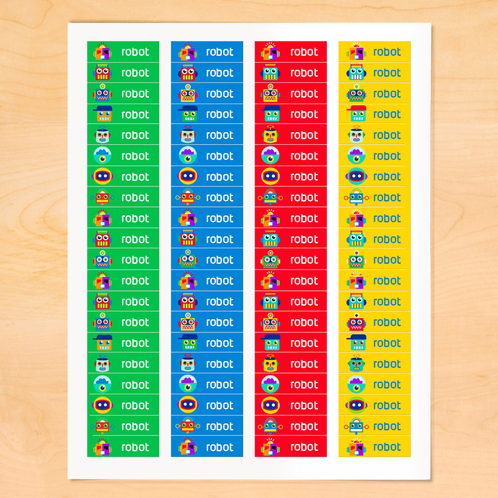 Personalized kids mini labels with colorful robots on green, blue and red backgroundsbackgrounds