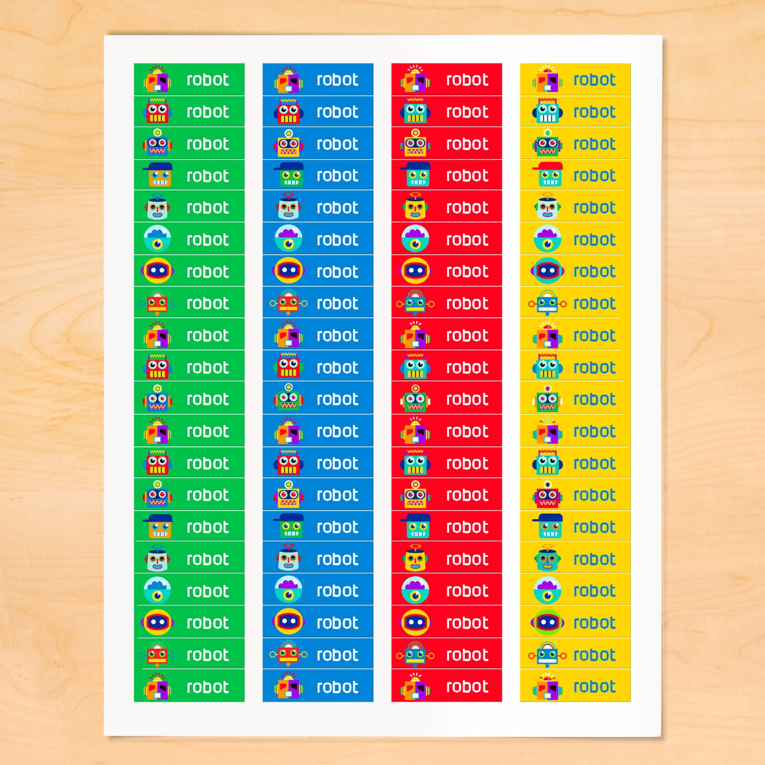 Personalized kids mini labels with colorful robots on green, blue and red backgroundsbackgrounds