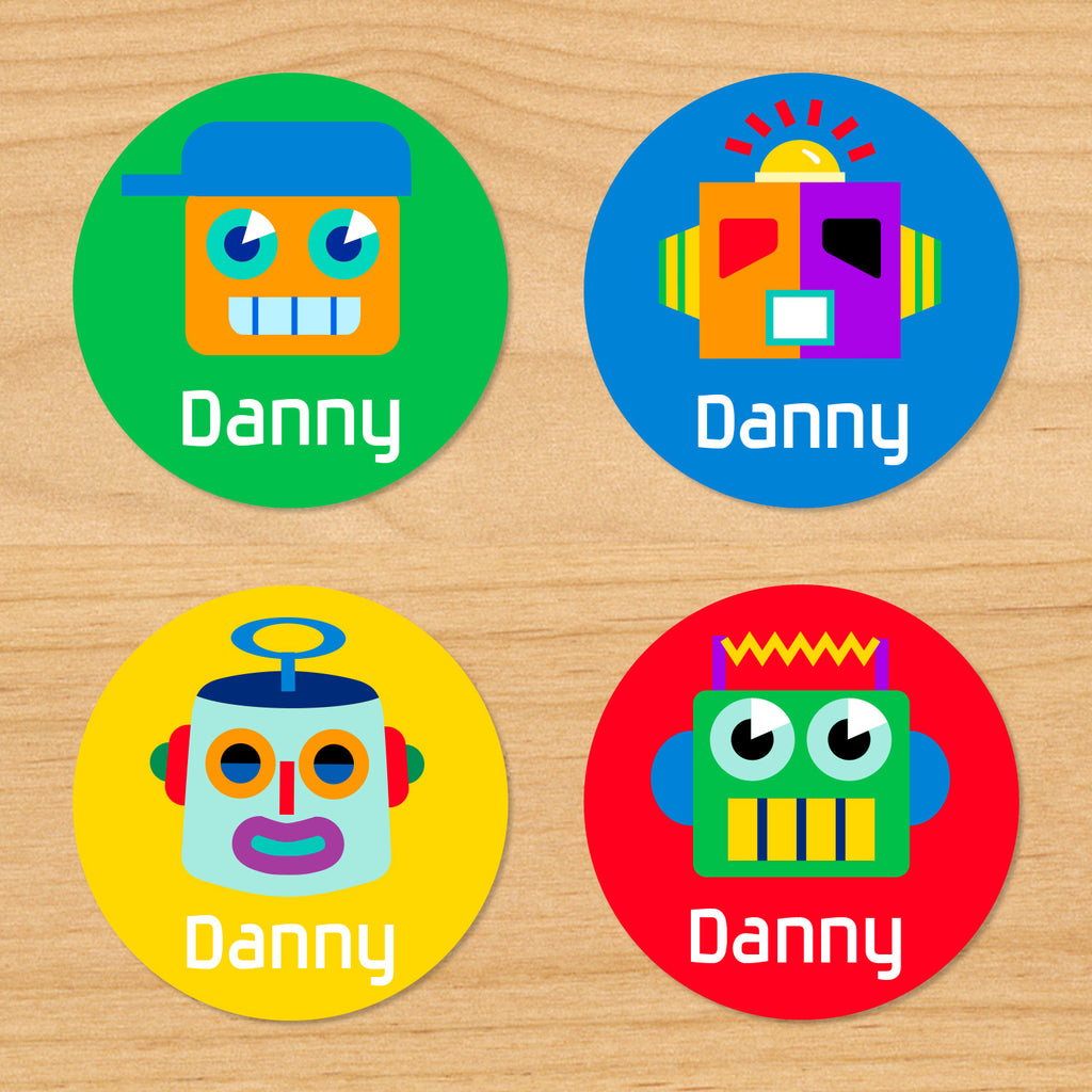 Robots personalized kids boys round waterproof labels with colorful robots on green, blue, yellow and red backgrounds