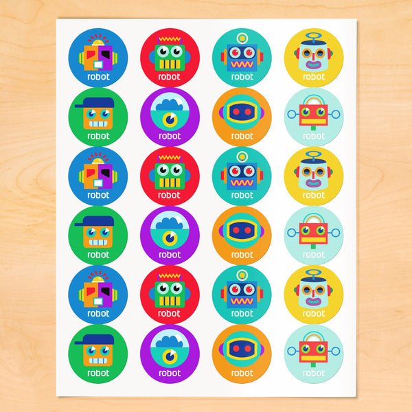 Personalized kids round labels with colorful robots on green, blue and red backgroundsbackgrounds