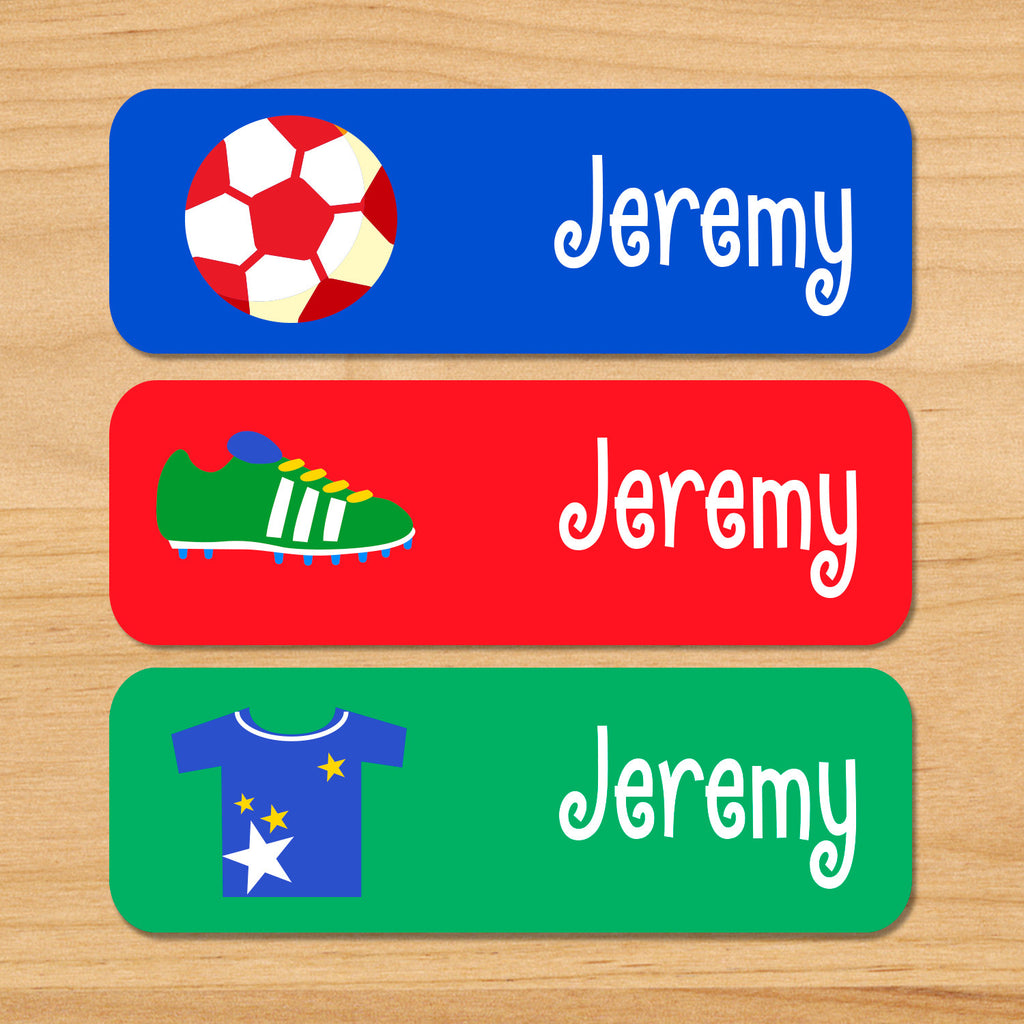 Boys soccer kids waterproof labels personalized with soccer ball, cleats, and jersey on blue, red and green backgrounds