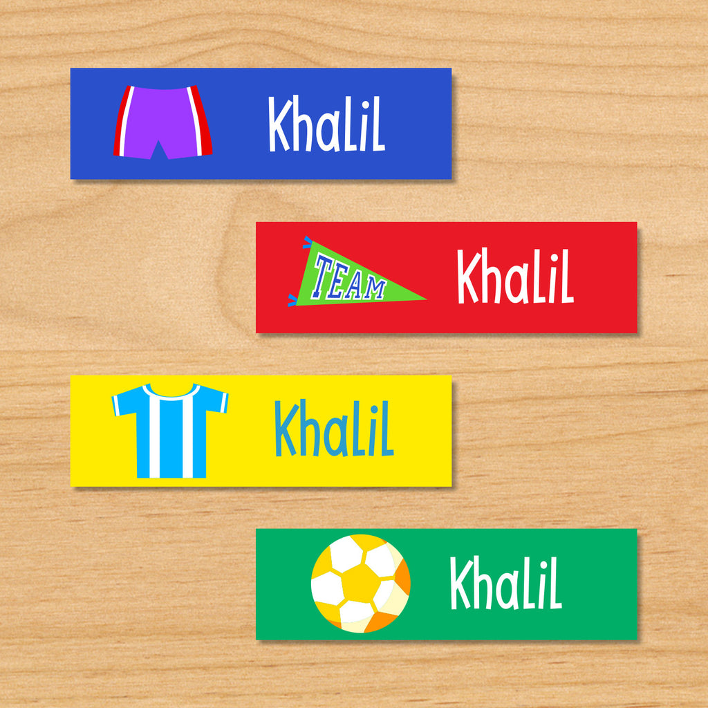 Soccer boys personalized kids mini waterproof labels with soccer shorts, pennant, soccer jersey, and soccer ball on blue, red, yellow and green backgrounds