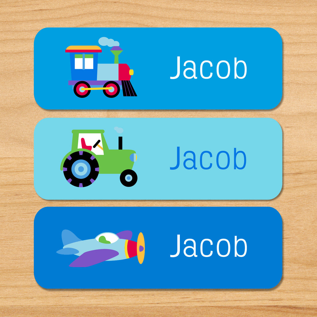 Trains, planes and trucks personalized personalized kids waterproof name labels with train, tractor and airplane on a blue background