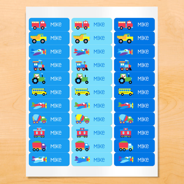 Personalized kids vehicle themed labels with train, planes and trucks on blue backgrounds.