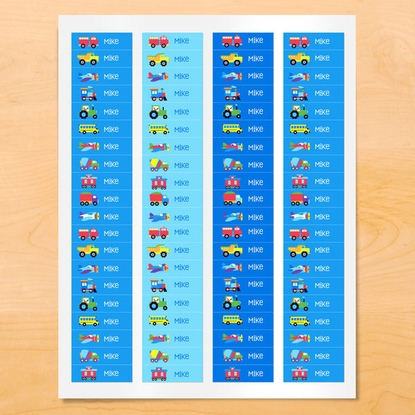 Personalized kids vehicle themed mini labels with trucks, trains and vehicles on blue backgrounds.