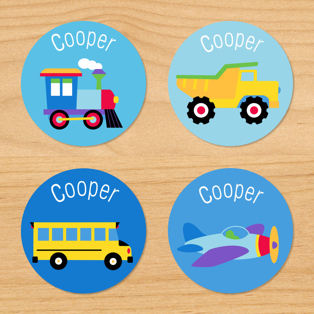 Trains, planes and trucks personalized kids boys round waterproof name labels with train, dumptruck, schoolbus, and airplane on a blue background