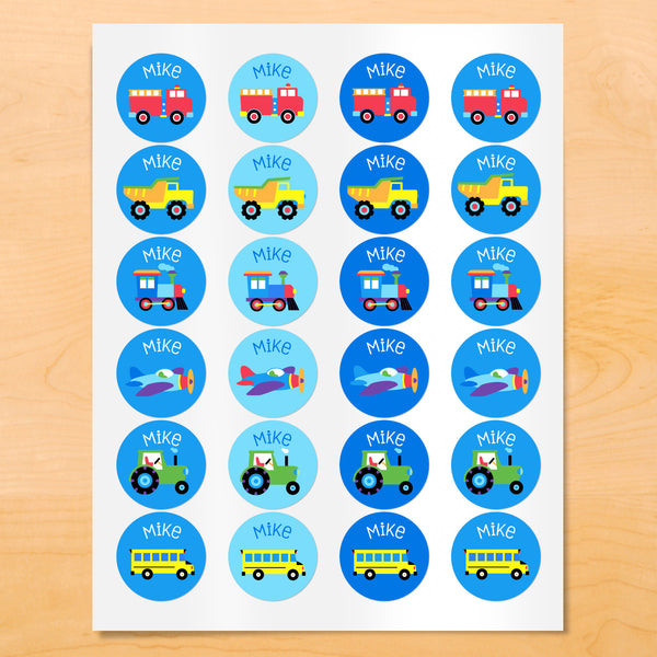 Personalized kids round vehicle themed labels with trucks, trains and vehicles on blue backgrounds.