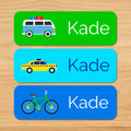 Transportation personalized kids waterproof name label with hippie van, taxi, and bicycle on green and blue background