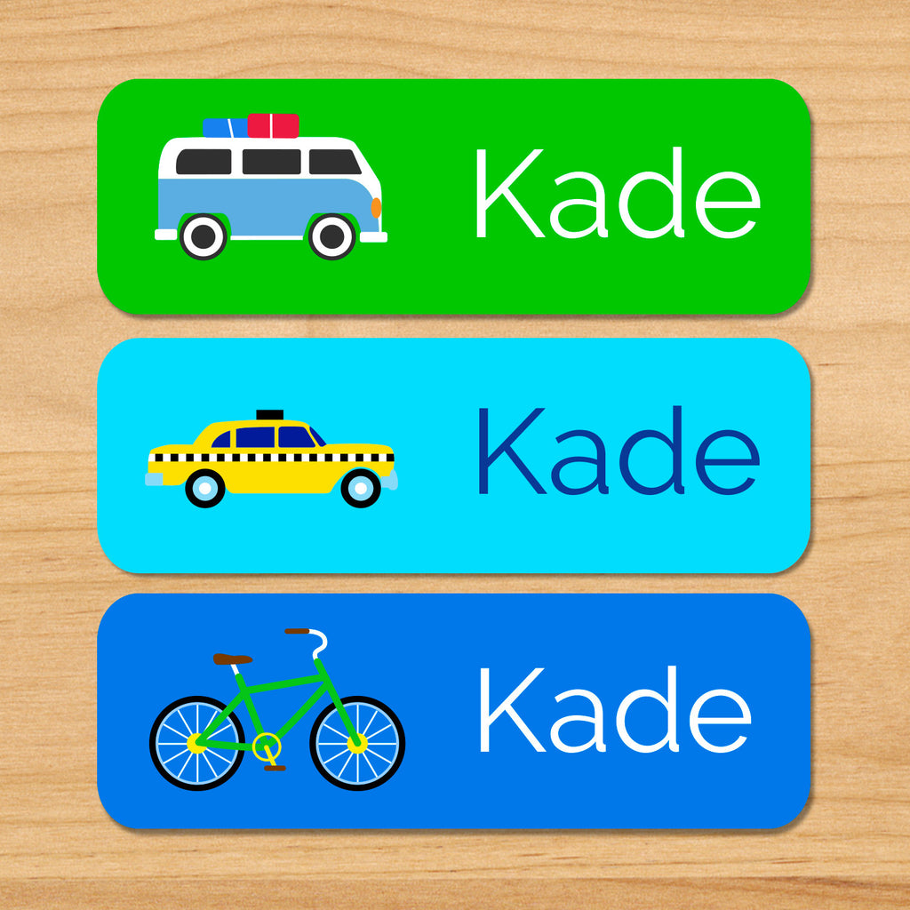 Transportation personalized kids waterproof name label with hippie van, taxi, and bicycle on green and blue background