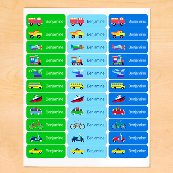 Personalized kids transportation themed labels with trucks, trains and vehicles on colorful backgrounds.