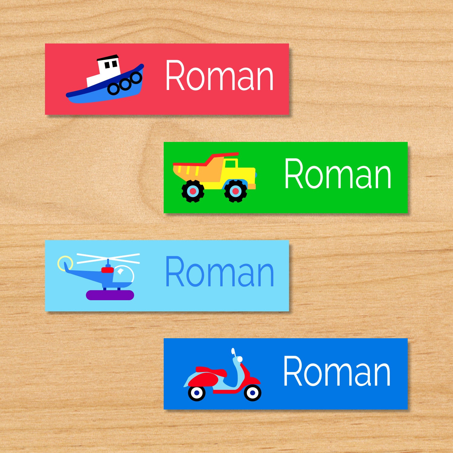 Transportation personalized kids mini waterproof name label with tugboat, dumptruck, helicopter, and vespa on red, green and blue background