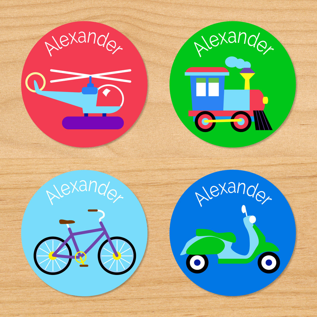 Transportation personalized kids boys round waterproof name label with helicopter, vespa, train, and bicycle on red, green and blue background
