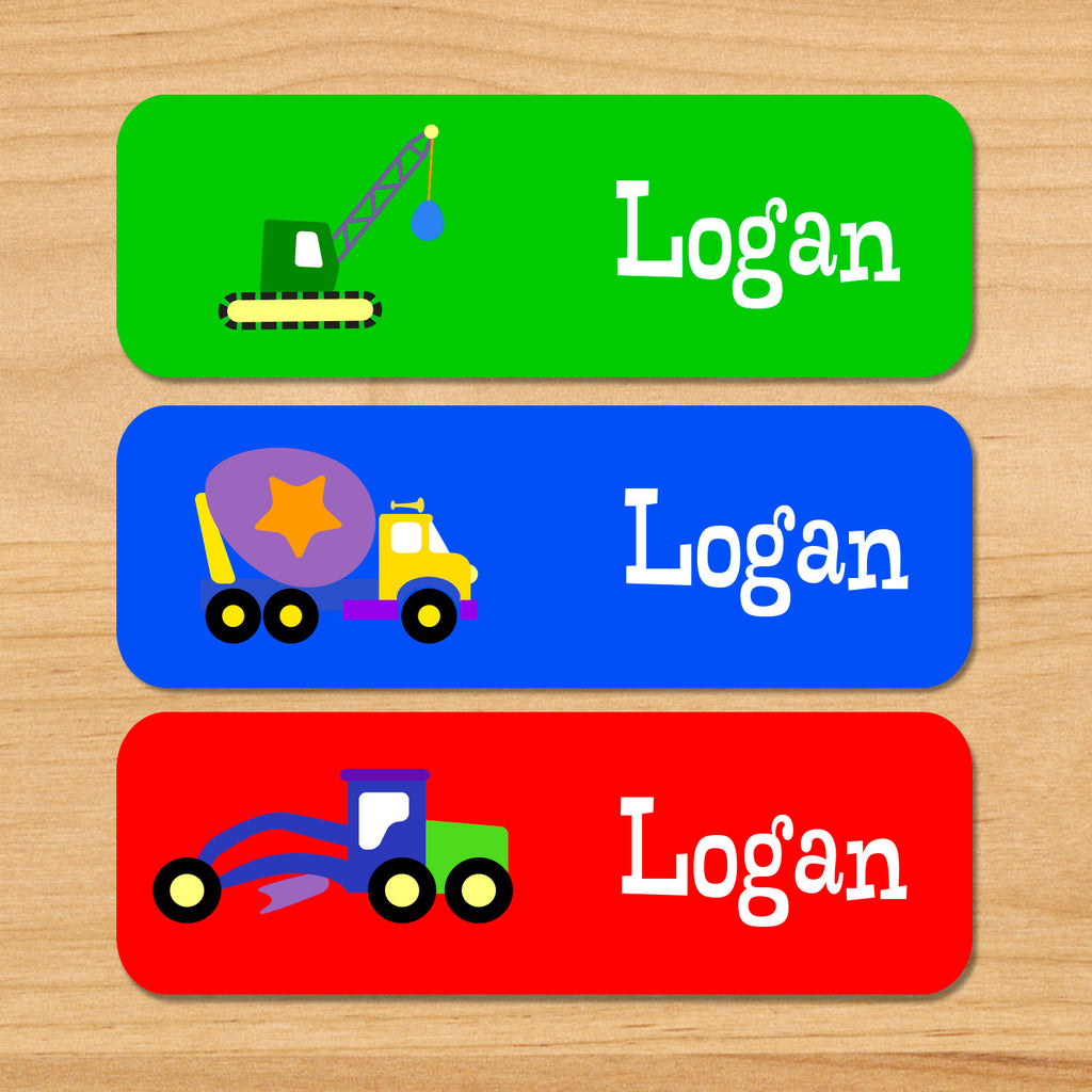 Under construction personalized kids waterproof name labels with crane, cement truck, and digger on green, blue and red background