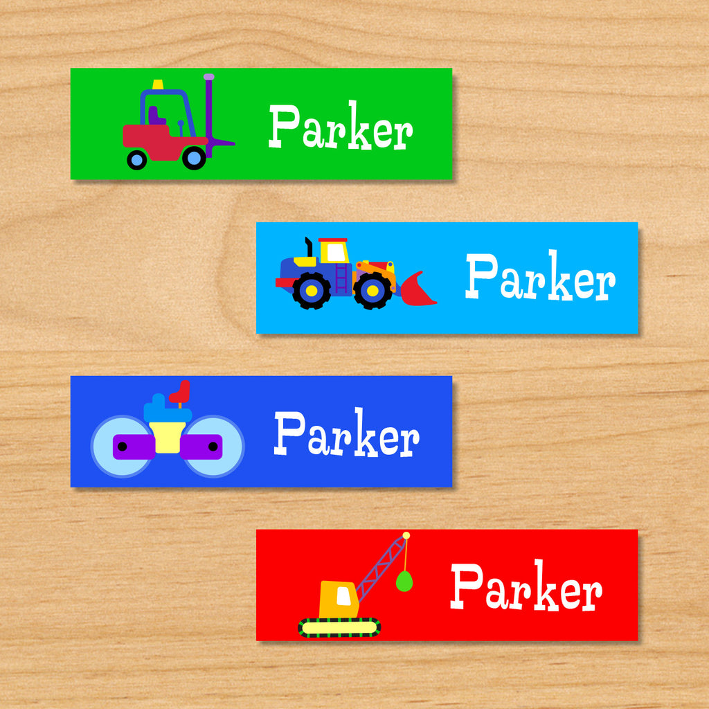 Under construction personalized kids mini waterproof name labels with forklift, loader, bulldozer, and wrecker on green, blue and red background