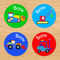 Under construction personalized kids boys round waterproof name labels with crane, loader, forklift and digger construction vehicles on green, blue and red background