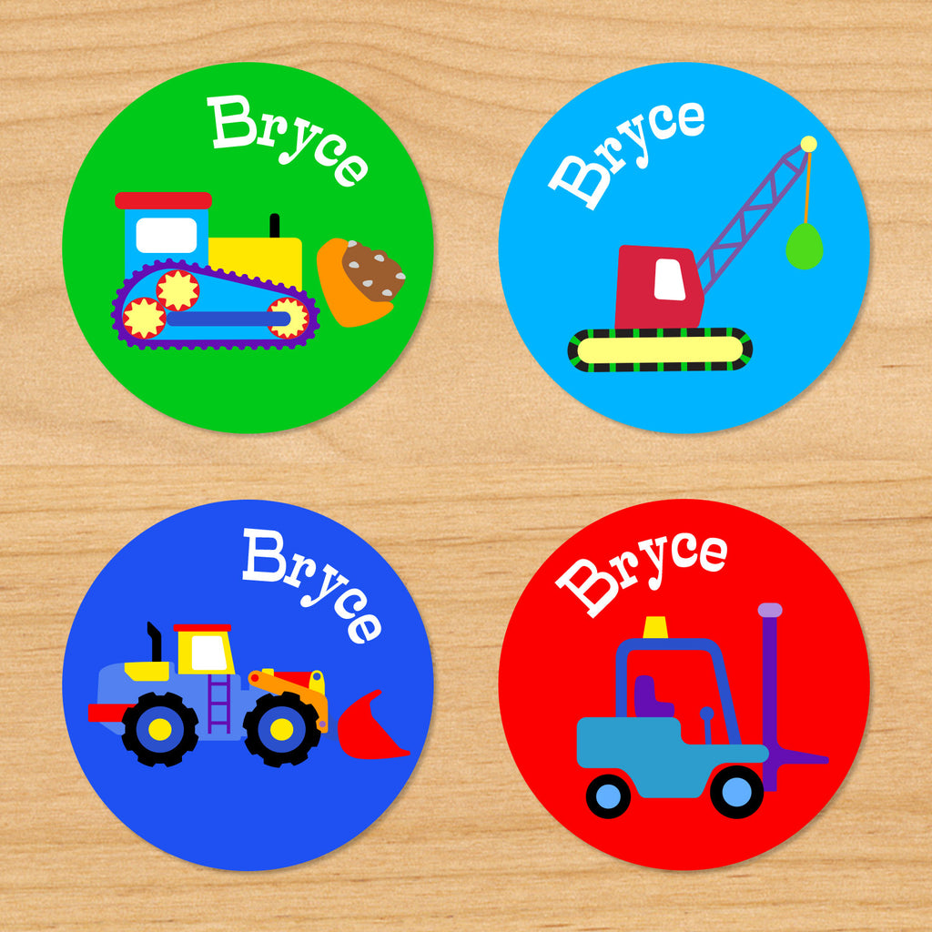 Under construction personalized kids boys round waterproof name labels with crane, loader, forklift and digger construction vehicles on green, blue and red background