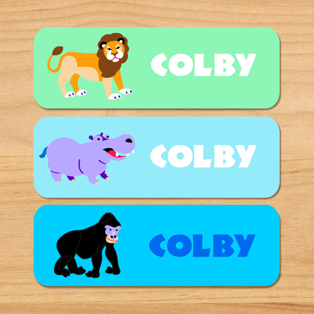 Wild animals safari kids personalized waterproof labels with lion, hippo, and gorilla on blue and green backgrounds
