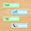 Wild animals safari kids personalized waterproof mini labels with alligator, zebra, monkey, and camel on blue and green backgrounds