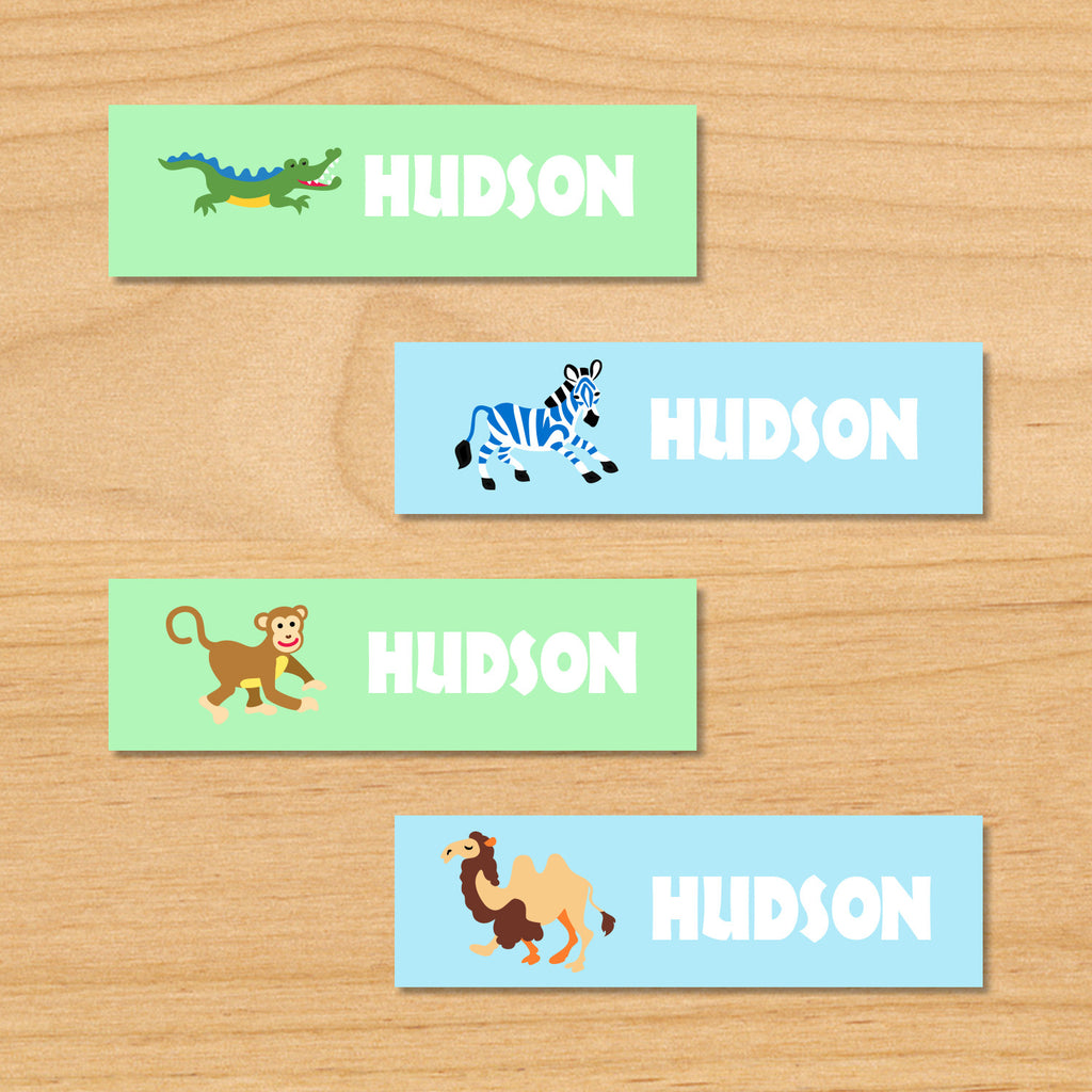 Wild animals safari kids personalized waterproof mini labels with alligator, zebra, monkey, and camel on blue and green backgrounds