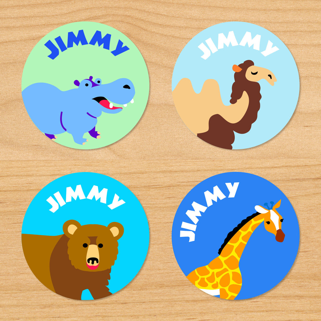 Wild animals safari kids personalized waterproof round labels with camel, hippo, bear, and giraffe on blue and green backgrounds
