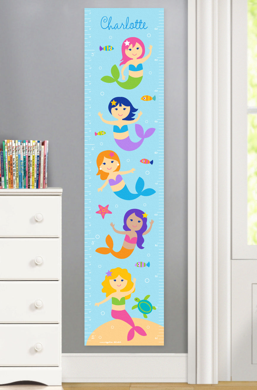Mermaids and little fish on canvas growth chart with personalized name at top