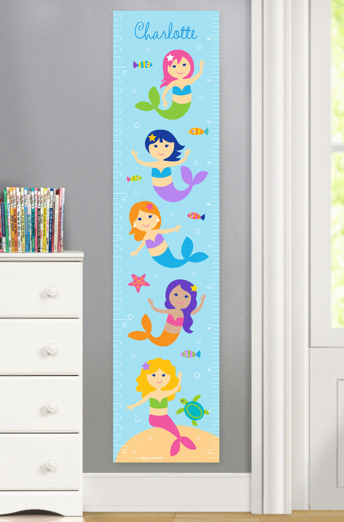 Mermaids and little fish on canvas growth chart with personalized name at top