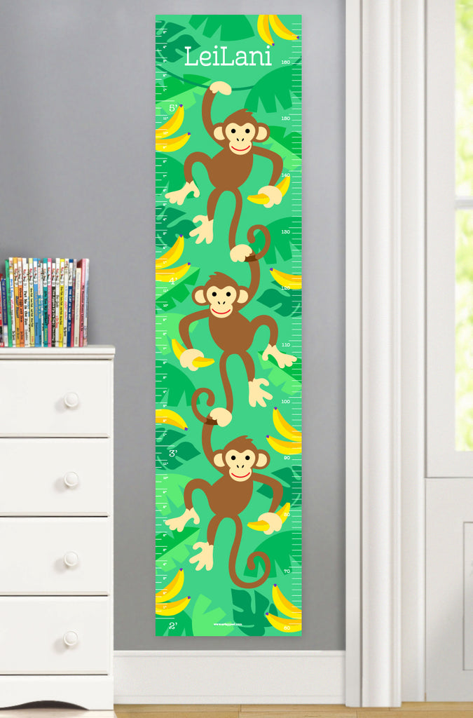 Kids personalized growth chart with monkeys and bananas.