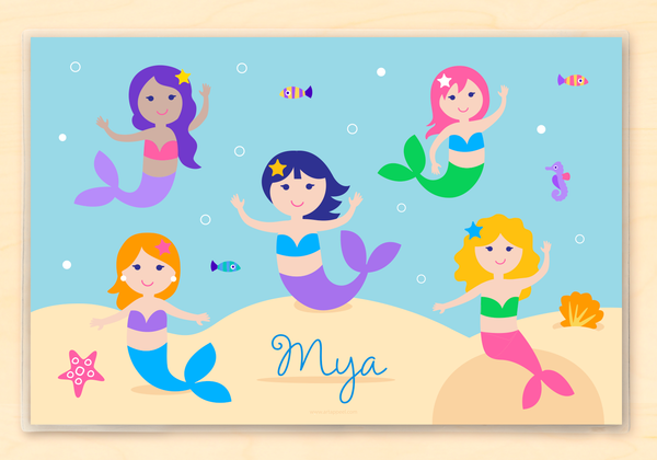 Personalized Kids Placemat with mermaids, fish, and sea creatures in an underwater scene