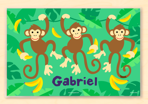 Monkey themed Personalized Kids Placemat with swinging monkeys on a green jungle background