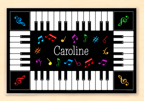 Musical personalized placemat with piano keys and colorful notes