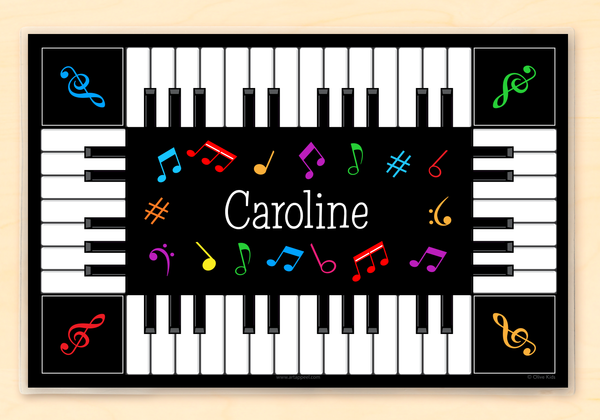 Musical personalized placemat with piano keys and colorful notes
