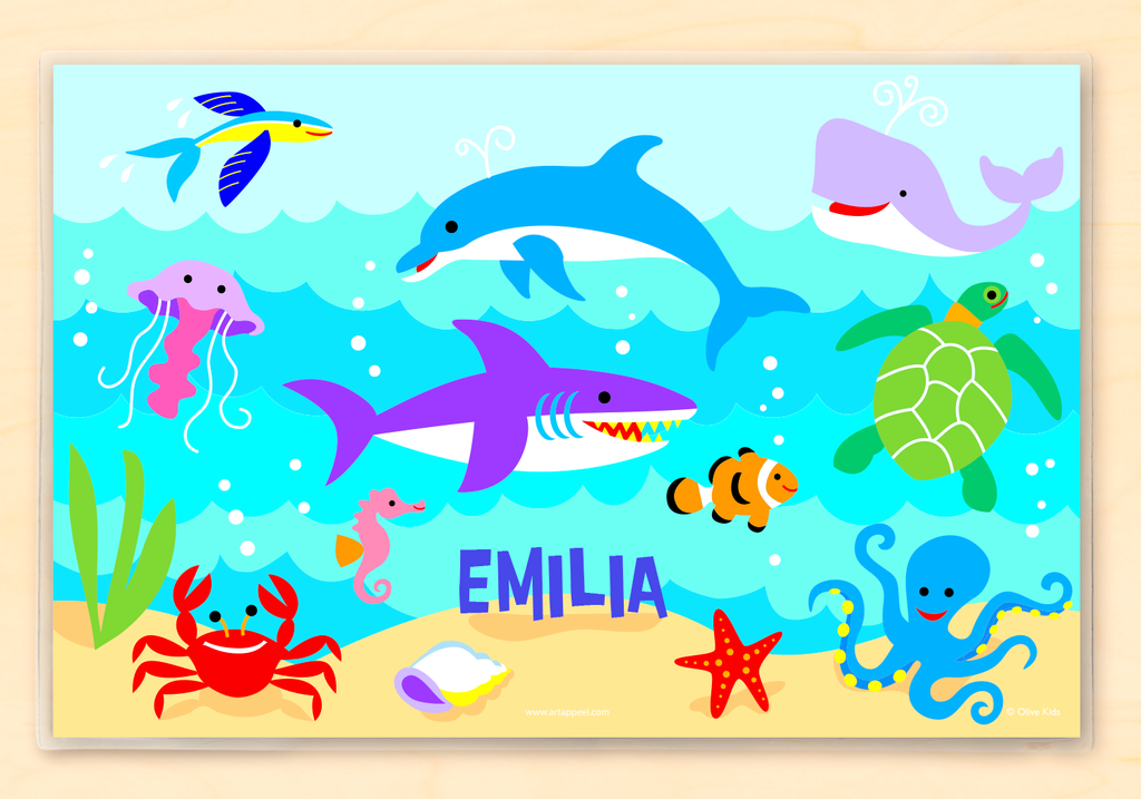 Ocean Personalized Kids Placemat with underwater scene of dolphins, sharks, sea turtles and other sea creatures
