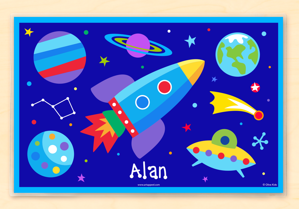 Space themed Personalized Kids Placemat with rocketship, planets, stars and constellations on a deep blue background