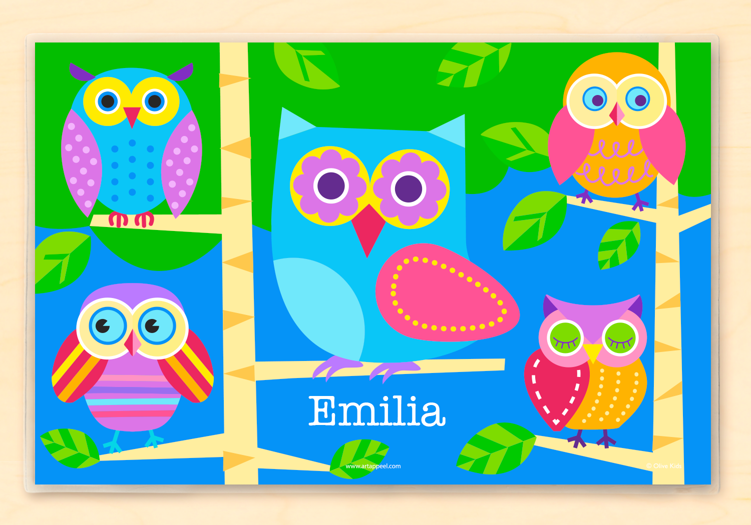Personalized Kids Placemat with colorful owls on a blue and green background