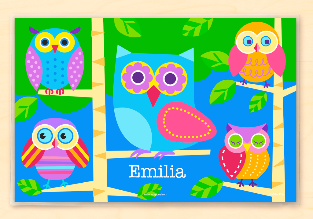 Personalized Kids Placemat with colorful owls on a blue and green background