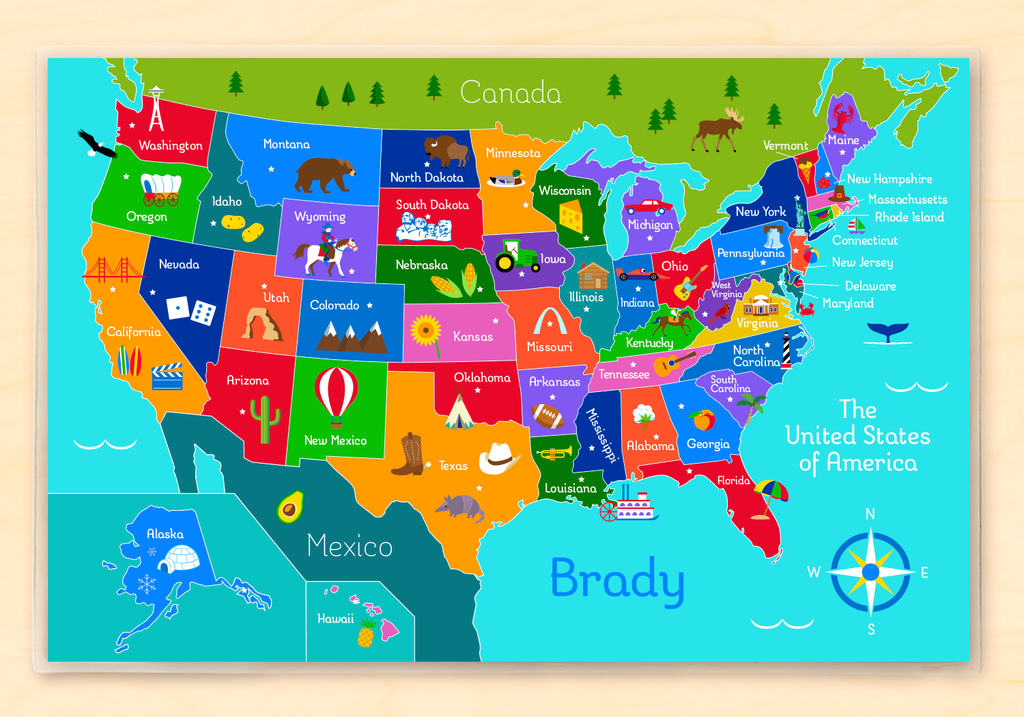 Kids Personalized Educational United States Map Placemat For Homeschooling and Learning The States