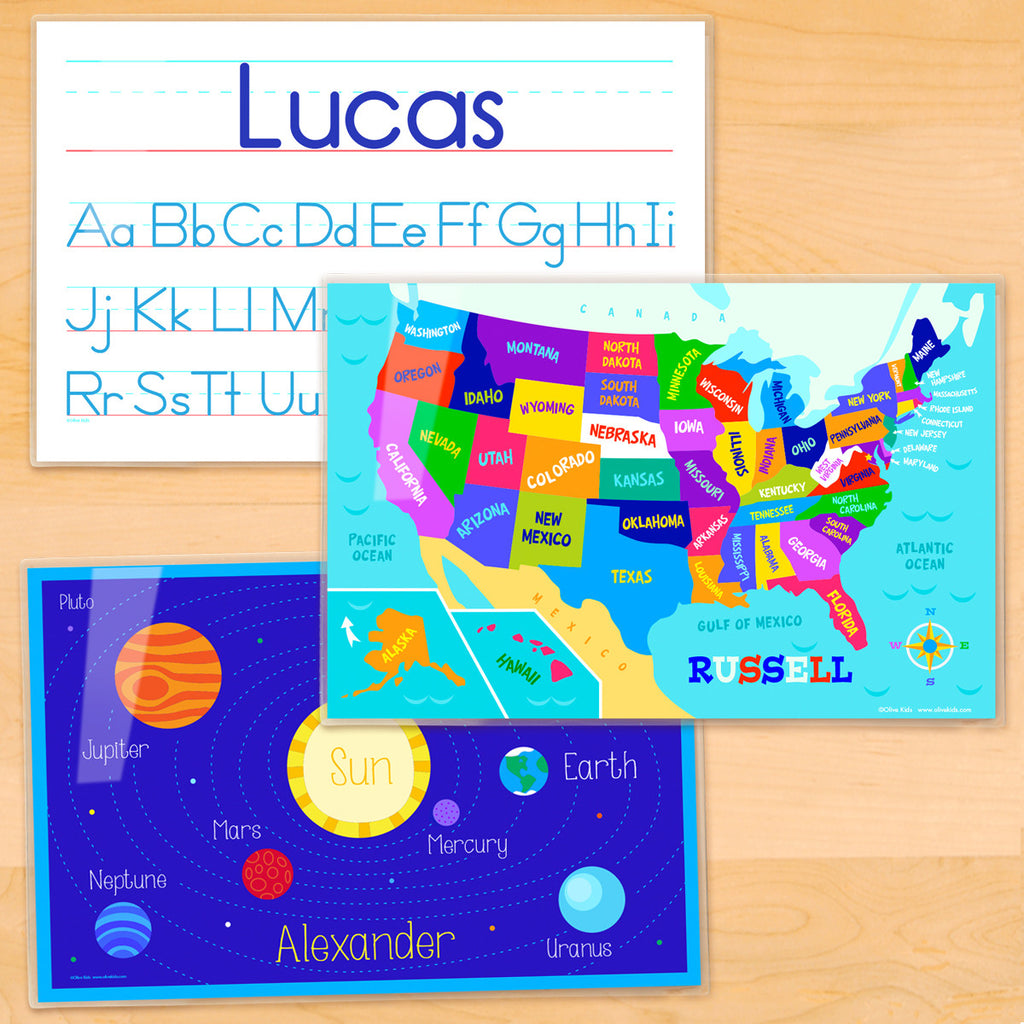 Educational Personalized Kids Placemat Set of 3